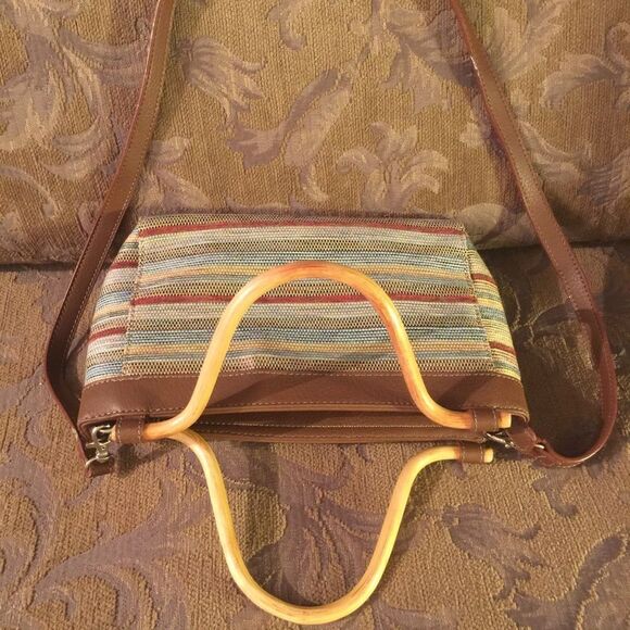 Worthington Brown stripe handbag w/ wood handles - Picture 3 of 6
